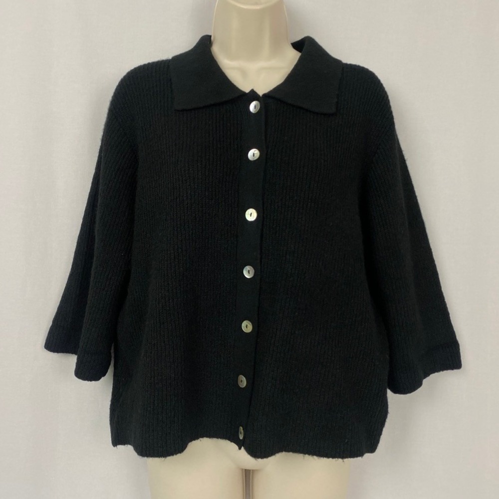 A Loves A Wool Blend Cardigan Sweater Womens Medium Black 3/4 Sleeve Chunky Knit